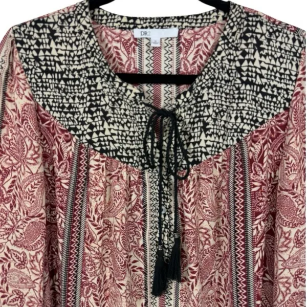 DR2 Women's Tunic Top Size Medium‎ Pink Black Paisley Boho Tassel V-Neck - Image 5