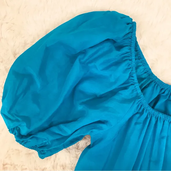 ANTONIO MELANI Puff Sleeve Midi Dress Small Turquoise‎ Blue Tiered Silk Cotton - Image 6