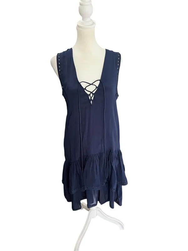 Zadig & Voltaire Navy Lace Up Studded Rory Spi Mini Dress Size S Boho Designer - Image 2