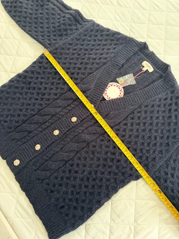 Umgee Navy Cable Knit Cardigan Gold Medallion Buttons Oversized Preppy Boho S - Image 6
