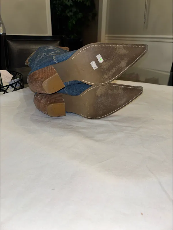 Dollhouse Blue and Brown Denim Heeled Boots - Image 6