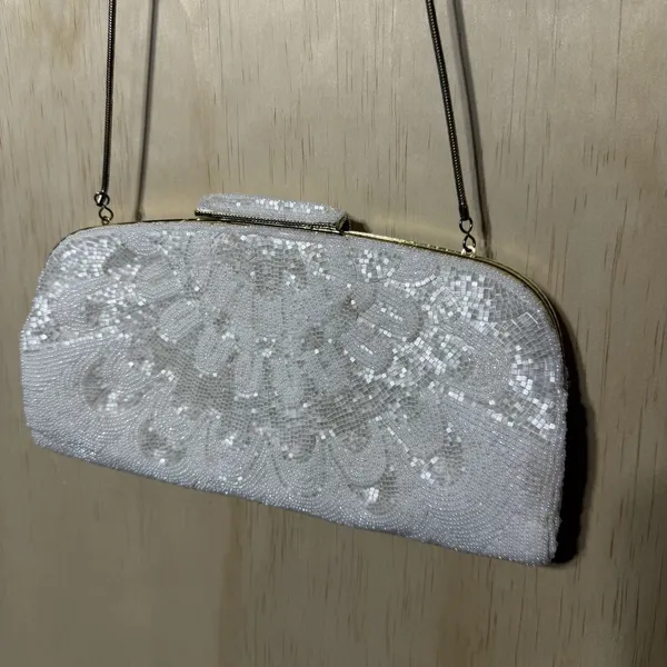 Vintage‎ White Beaded Evening Clutch Purse Wedding Bridal Formal Shoulder Bag - Image 10