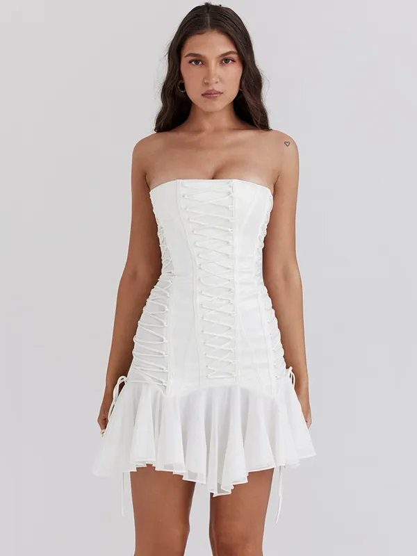 House of CB Sirena White Strapless Lace Up Mini Dress XS Tall - Image 2