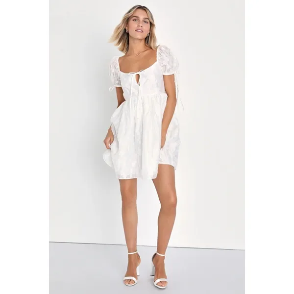 NWT Lulus Exceptionally Angelic White Floral Puff Sleeve Mini Dress Summer Sze M - Image 6