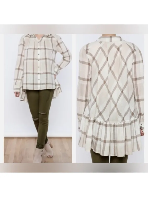 Free People Preppy in Plaid High Low Ruffle Back Flowy Button down size xs - Image 2