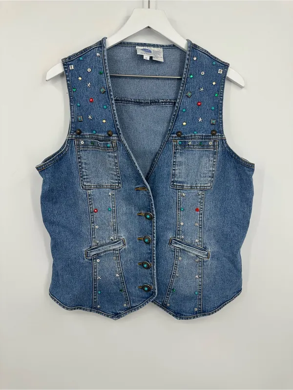 American Vintage Vintage Y2K Studded Embellished Denim Jacket Vest Size Medium Boho Whimsical - Image 10