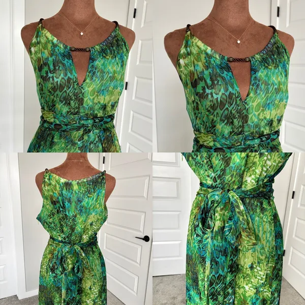 90s Vintage Sheri Martin‎ New York Green Tropical Print Chiffon Maxi Dress 10 - Image 7