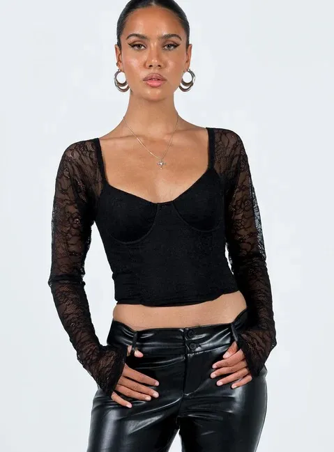 Princess Polly Purnell Long Sleeve Lace Top Black - Image 2