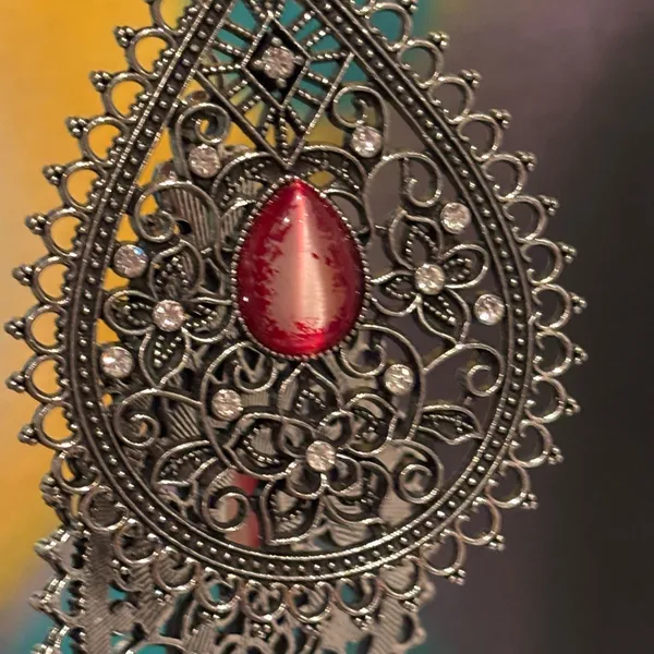 Paparazzi Eden Glow Red Cat's Eye Silver Filigree Teardrop Earrings - Image 10