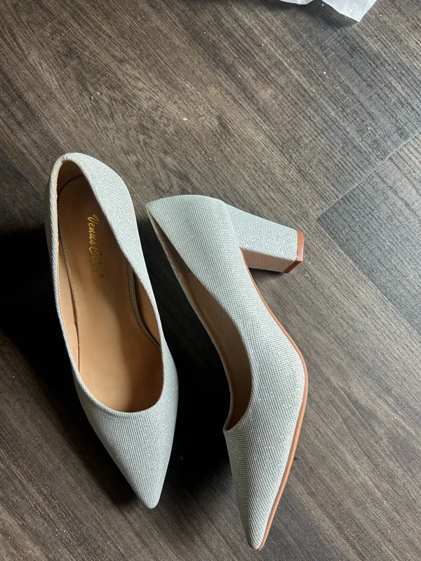 Silver, gray textured fabric pointed toe block heel court shoes - Image 3