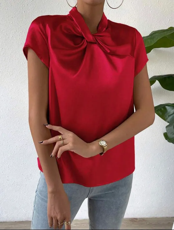 SheIn VCAY Red Twist Front Keyhole Back Satin Blouse - Image 3