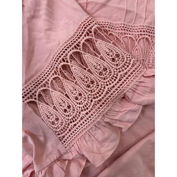 Anthro Tiny Sonoma Coral Boho Blouse XL Crochet Lace Ruffle Sleeve Peplum Top - Image 8