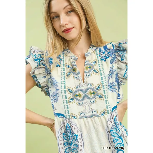 Umgee Mix Ruffle Sleeve‎ Boho Print Dress - Cerulean Mix - Small - Image 4