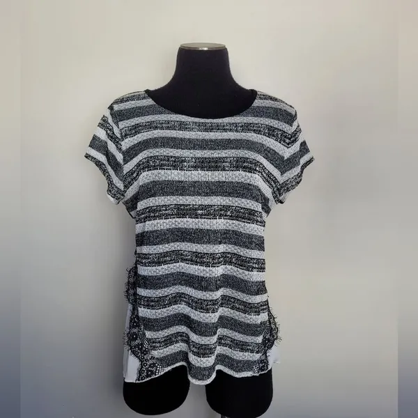 IZ Byer Black White Stripe Mixed Media Blouse Top Lace Knit Semi Sheer Size XL - Image 2