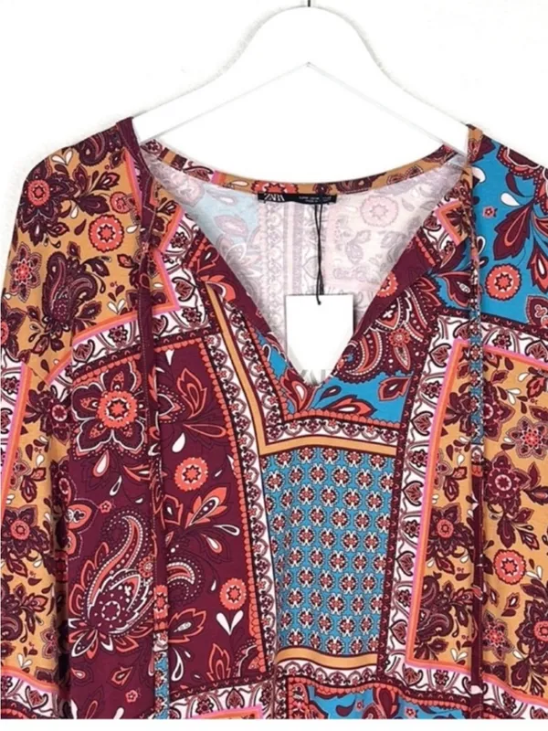 NWT Zara patchwork boho western floral long sleeve mini dress NEW size M medium - Image 4