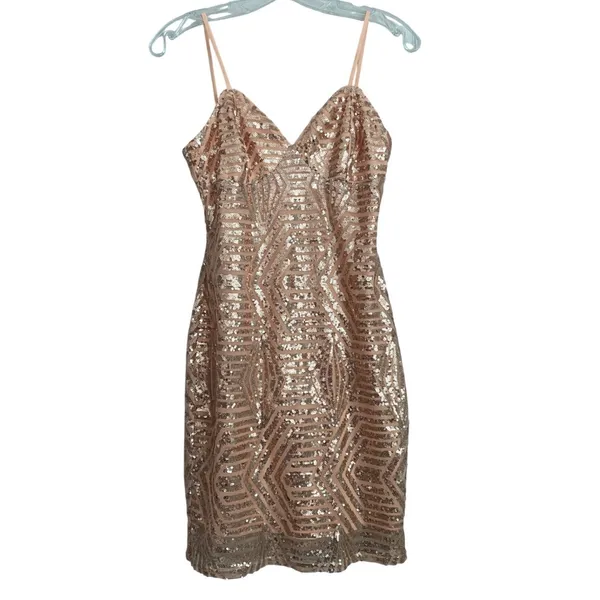 Guess Los Angeles Rose‎ Gold Sequin Geometric Bodycon Mini Dress Small V-Neck - Image 9