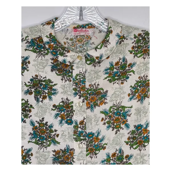 Vintage 60's Shirtmaker green Floral Cotton Blouse Peter Pan Collar USA Small - Image 5