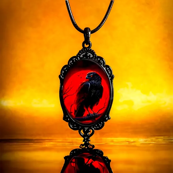 Red Moon Eagle Cameo Necklace Gothic Style Glass Pendent Choker Mystic Witch Jew - Image 3