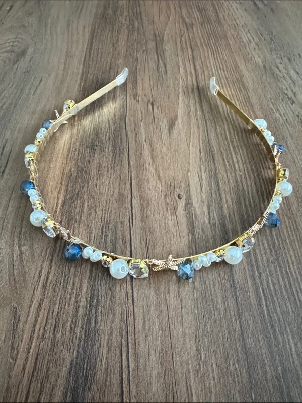 Gold Shell & Pearl Headband with Blue Crystal Accents - Image 2