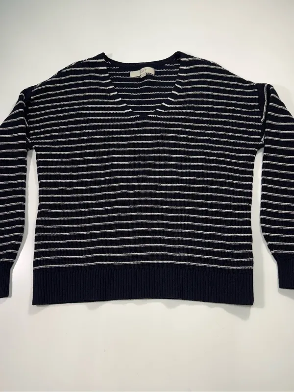 LOFT 100% Cotton Navy and White Striped V-Neck Pullover - Image 2