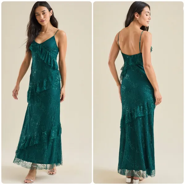 Altar'd State Womens Cambrie Sequin Lace Ruffle Romantic Glam Maxi Dress Size M‎ - Image 2