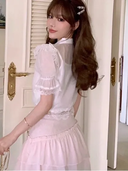Japanese Kawaii White Lace Ruffle Elegant Lace Blouse Crop Top - Image 4