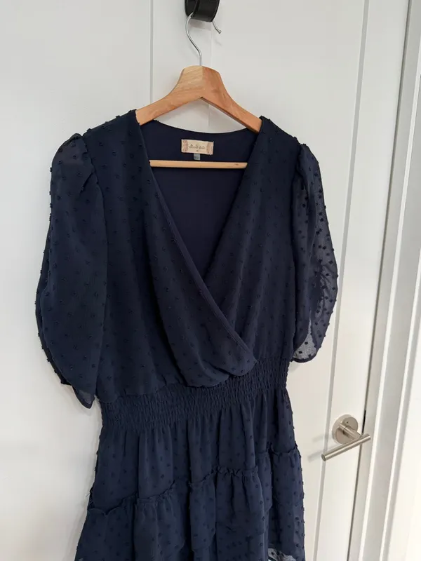 Altar'd State Navy Swiss Dot Surplice Mini Dress - Image 3