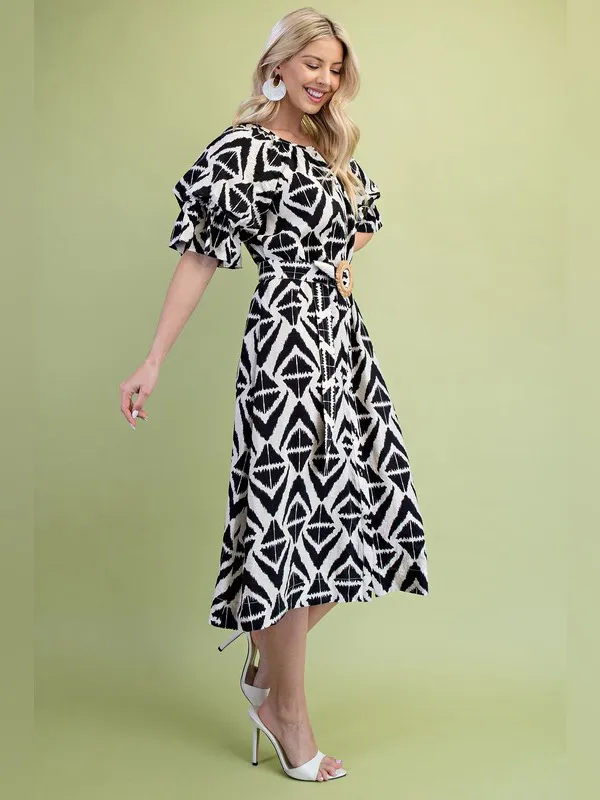 Black & White Geometric Midi Dress with Belt L new - Image 3
