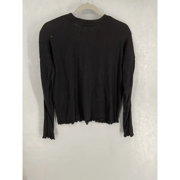 Aqua Lounge Womens Ribbed Long Sleeve Lettuce Edge Top Black S - Image 3