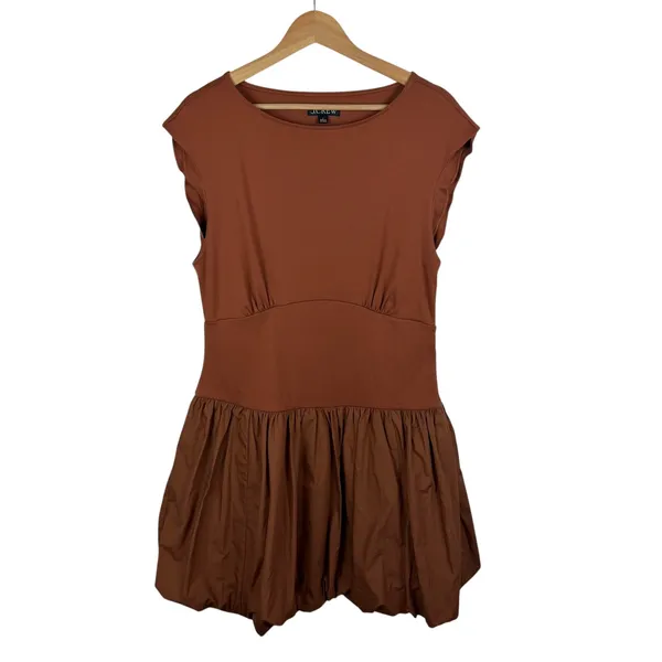 J Crew Bubble Hem Mixy Mini‎ Dress Large Terracotta Brown Old Money Mixed Media - Image 2