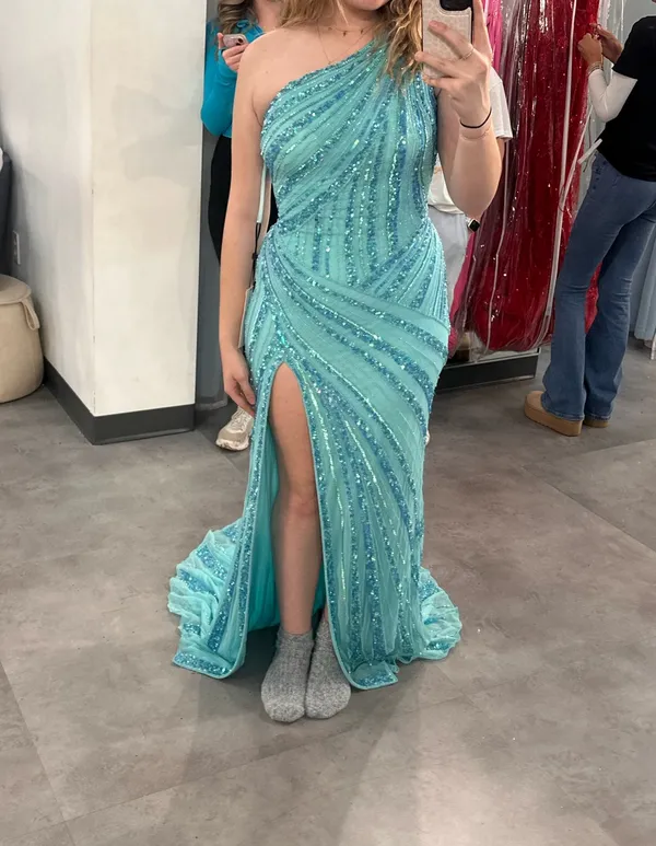 Ashley Lauren Turquoise, one-shouldered, beaded prom or pageant dress - Image 3