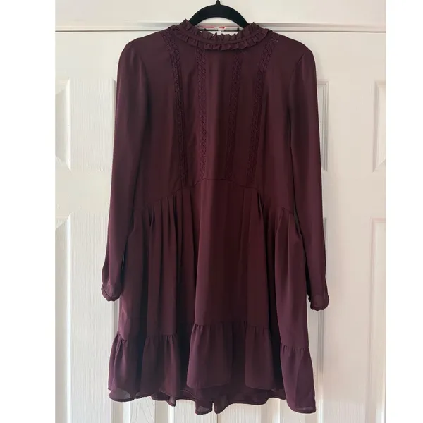 Sunday Best Aritzia Burgundy Lace Trim‎ Ruffle Neck Long Sleeve Mini Dress XS - Image 2