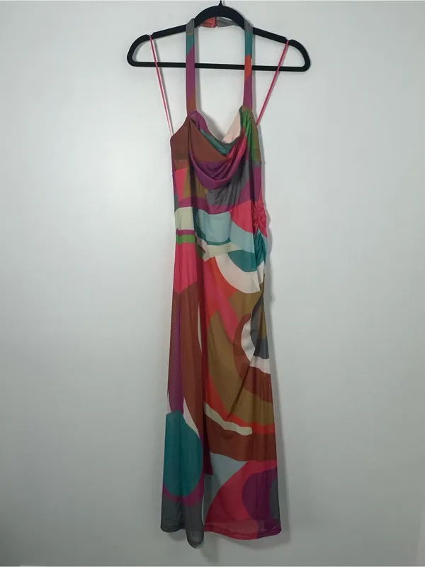 Anthropologie Women’s Abstract Multicolor Mesh Cowl Neck Midi Bodycon Dress S - Image 3
