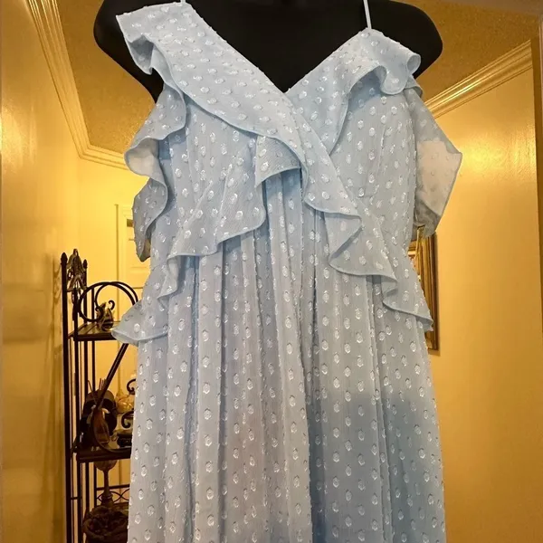 CHELSEA 28 Light Blue Ruffle Neck Spaghetti Strap MIDI Dress size Medium EUC - Image 11