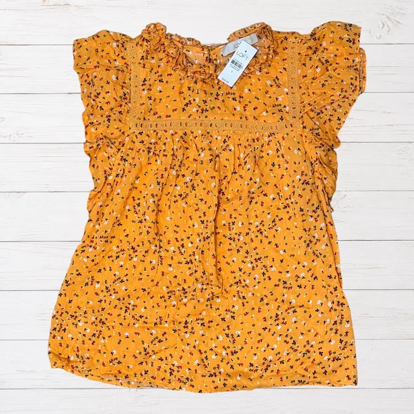 NWT LOFT Boho Floral Ruffle Peplum Top Mustard Cottagecore Modal Blouse Small - Image 2