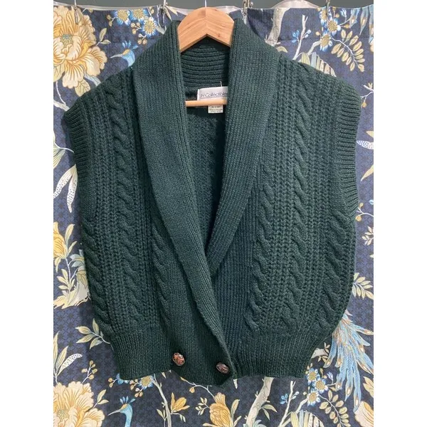 Vintage JH Collectibles Wool Dark Green Shawl Collar Knit Blouse M - Image 14