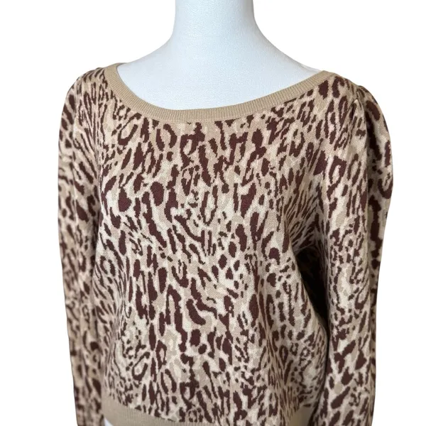 Anthropologie Maeve Knit Leopard Print Sweater XL Puff Sleeve Soft Chic‎ Neutral - Image 5