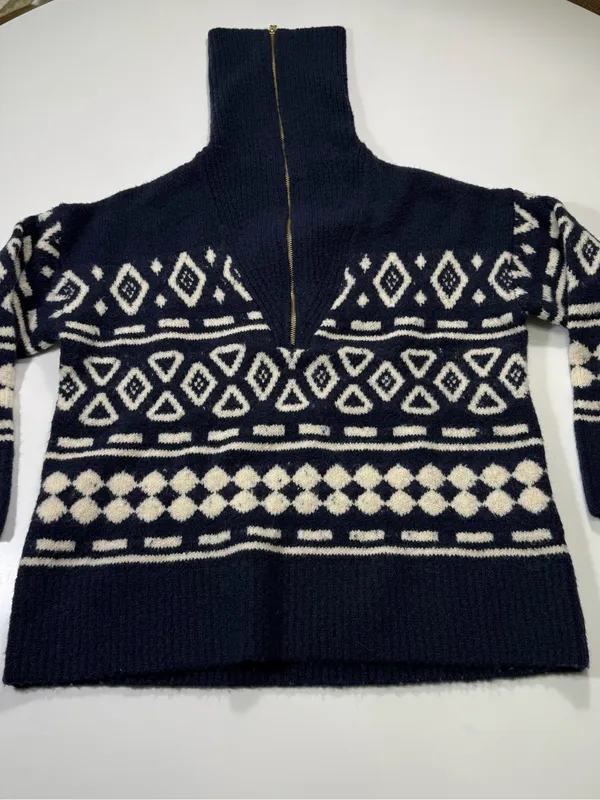 J. Crew Wool Blend Navy and White Fair Isle Half-Zip Sweater - Image 9