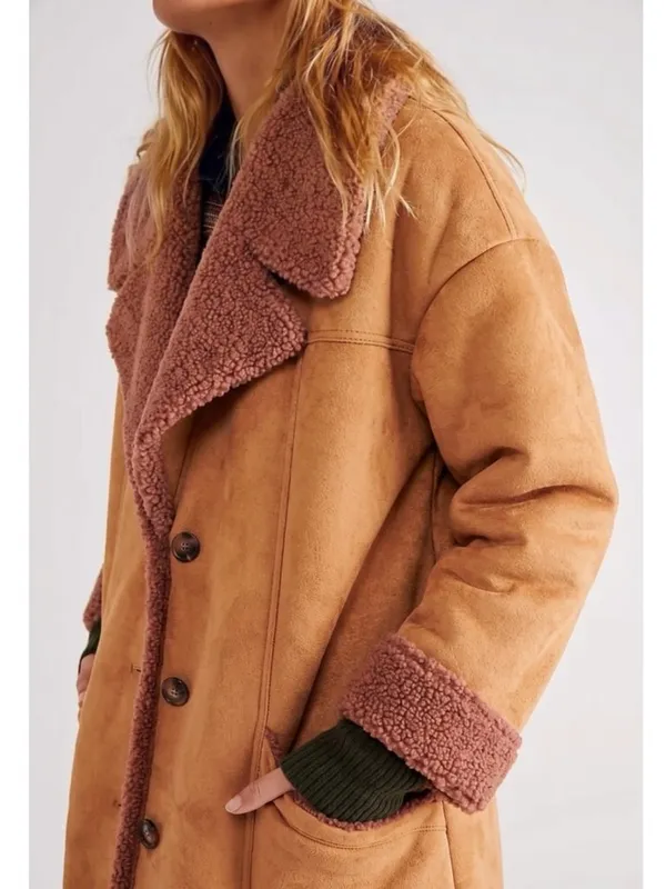 Free People Western Bohemian Retro 70s Faux Sherpa Suede Diogo Coat Size Large - Image 4
