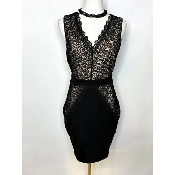 Lulus Black Crochet Lace V-Neck Bodycon Mini Cocktail Dress Small - Image 3
