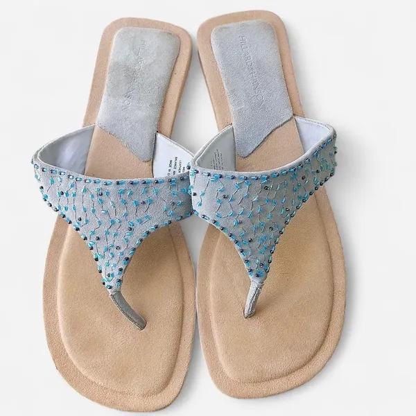 Y2K Fairy Mermaid Boho Hillard & Hanson beaded thong sandals slippers flats open peep toe Genuine Leather Sz 10 - Image 3