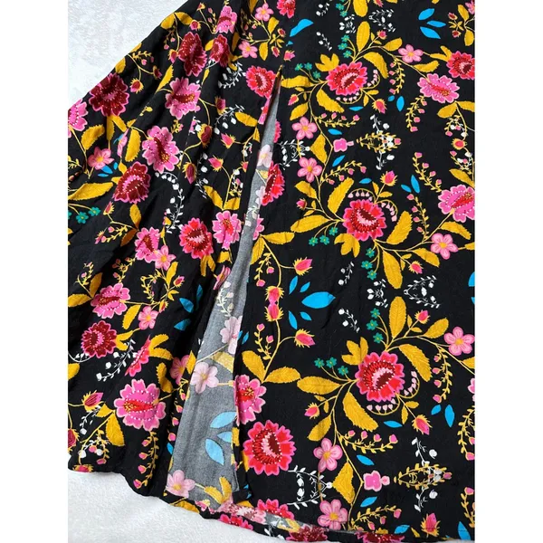 Express Floral Rayon Midi Sundress Black Pink Yellow Slit Smocked Back Women - Image 5