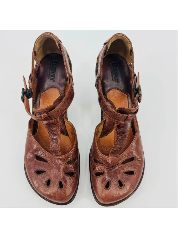 Born Charisma Mary Jane Brown Leather Cutout T-Strap Wedge Heels Size 10 - Image 2