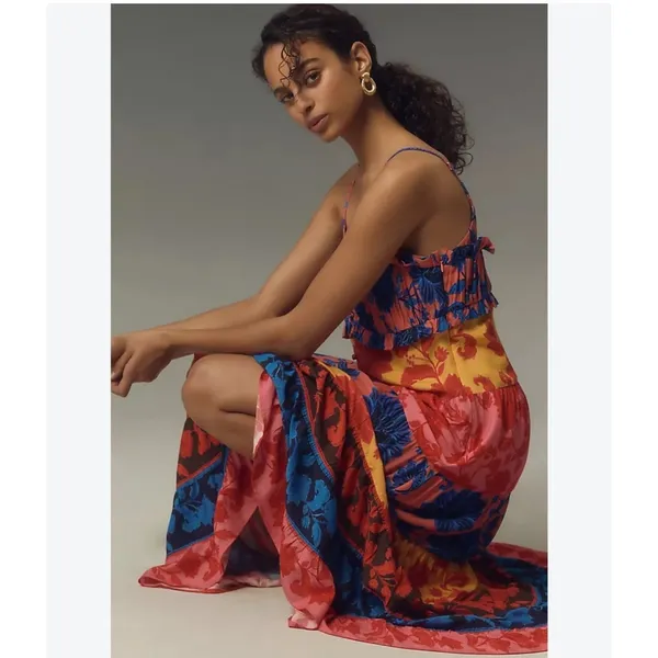 FARM Rio x Anthropologie Tiered Maxi Dress Floral Button Front Multi-Color XS - Image 2