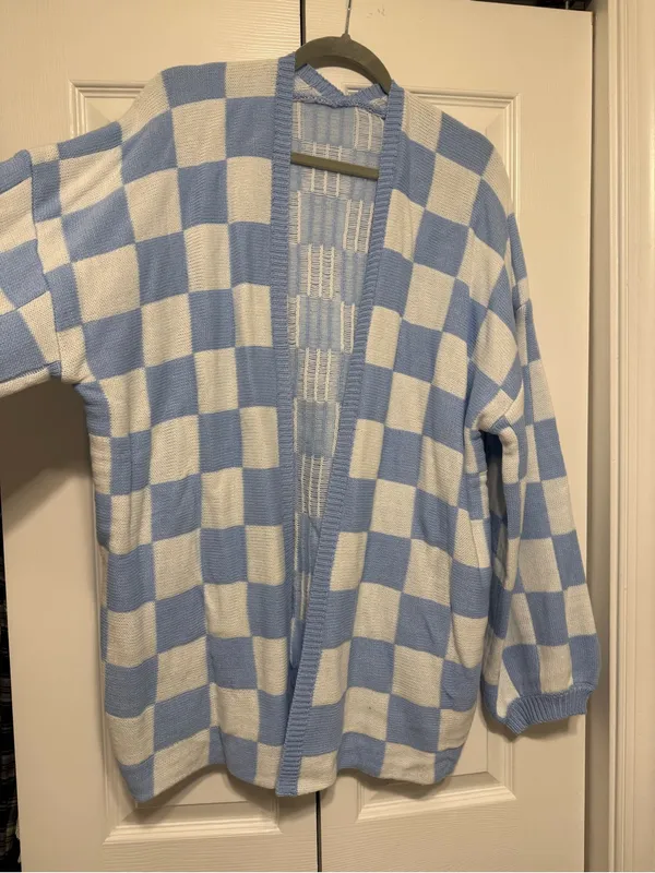 SHEIN Checkered Pattern Drop Shoulder Cardigan Sweater Blue & White Size XL - Image 2