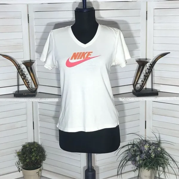 Vintage 90s Nike Swoosh Logo V Neck T Shirt White Pink Large - Image 5