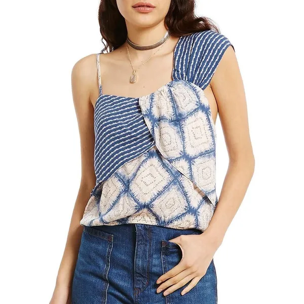 Free People Call On Me Blue Stripe Argyle Sleeveless Tank Blouse Crop Top Size S - Image 5