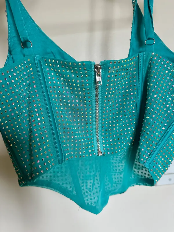 Rain On Me Embellished Corset Crop Top In Teal - Image 6