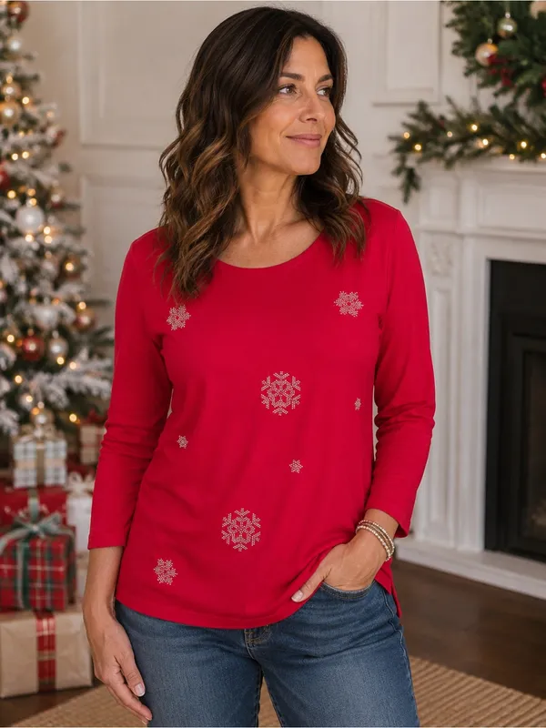 Red rhinestone snowflakes Blouse Size XS ~ Long Sleeeve‎ Christmas Top - Image 7