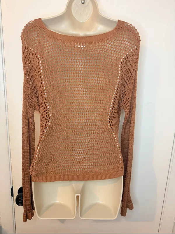 Happily Grey Open Knit Sweater Dusty Rose Mesh Crochet Size L Long Sleeve - Image 9